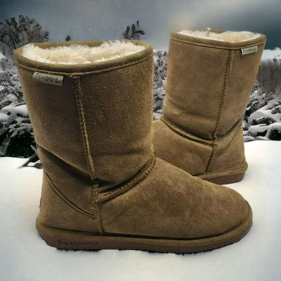 Bearpaw Emma Short 8" Hickory Brown Suede Sheepskin Pull On Boots Womens Size 10 - Picture 2 of 12